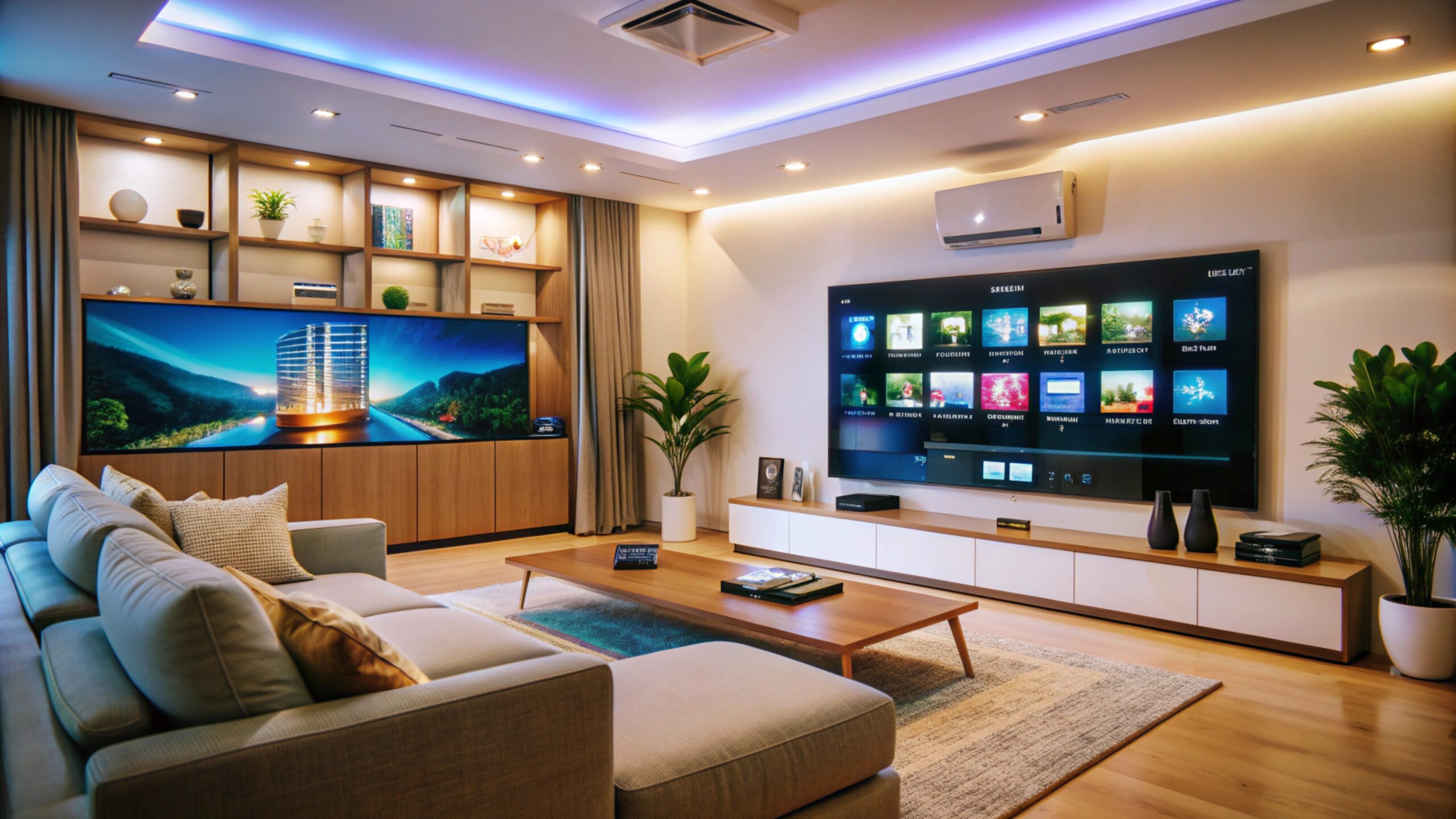 modern living room with large tv, couch, and plants.